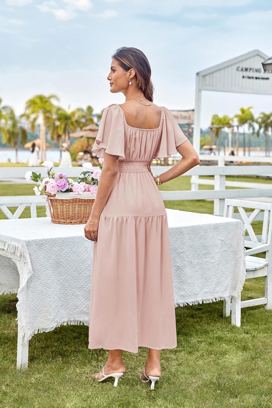 GRACE KARIN Dusty Pink Short Sleeve Square Neck Smocked Waist  Flowy Maxi Dress